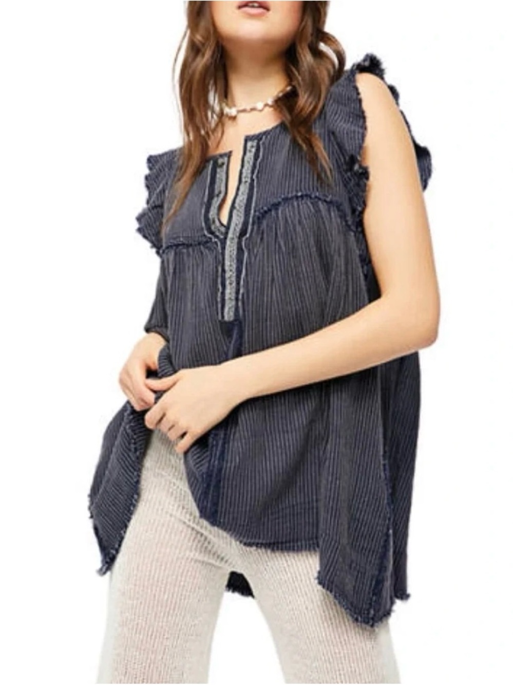 Free People Blue Ridge Navy Pinstripe Ruffle-Sleeve Peasant Top